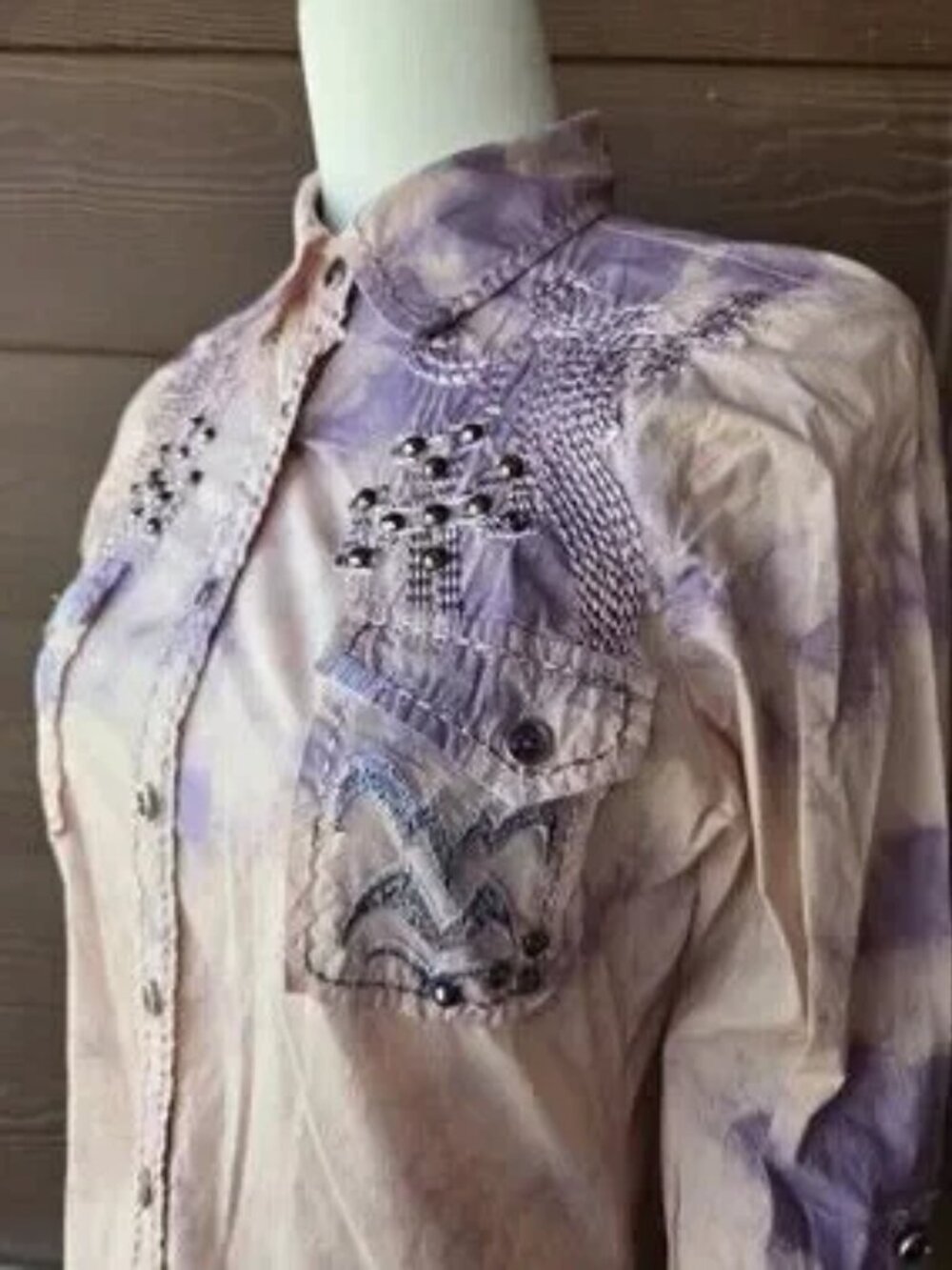 ROAR Women's Western Rhinestone Embellished Embroidered Tie-Dye Button-Up Shirt